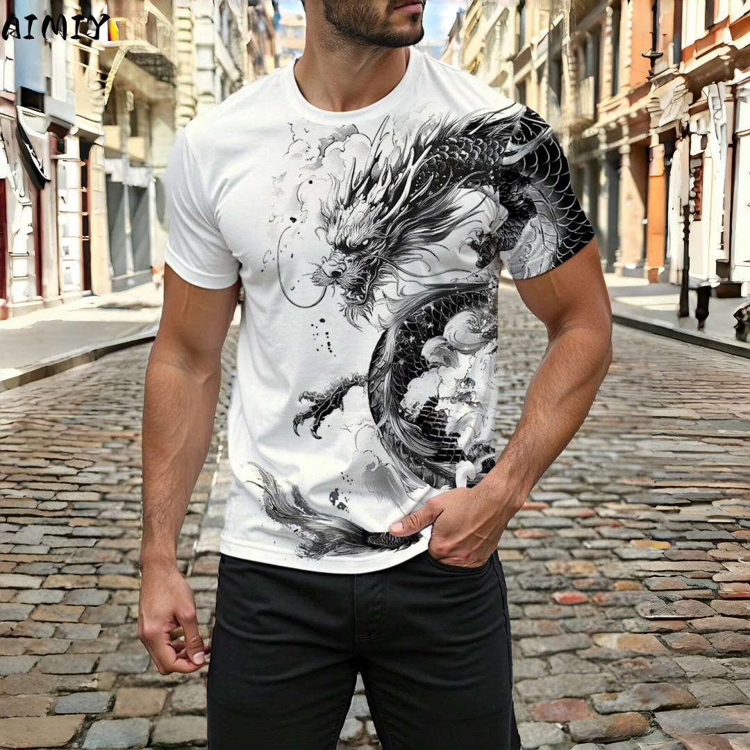Street Fashion Urban - T-shirt da uomo con stampa drago